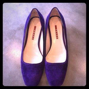 The Most Gorgeous Purple Suede Prada wedges
